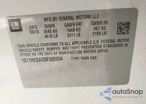 2013 Chevrolet Malibu 1Lz z USA, uszkodzony, nr VIN 1G11H5SA0DF306904